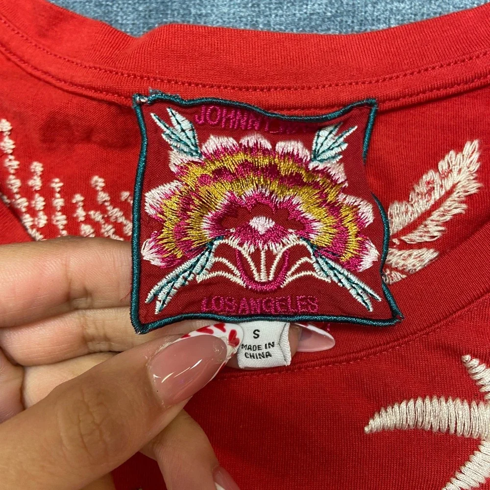 Johnny Was Ellia Top Womens Small Red Puff Sleeve Embroidered Floral Round Neck